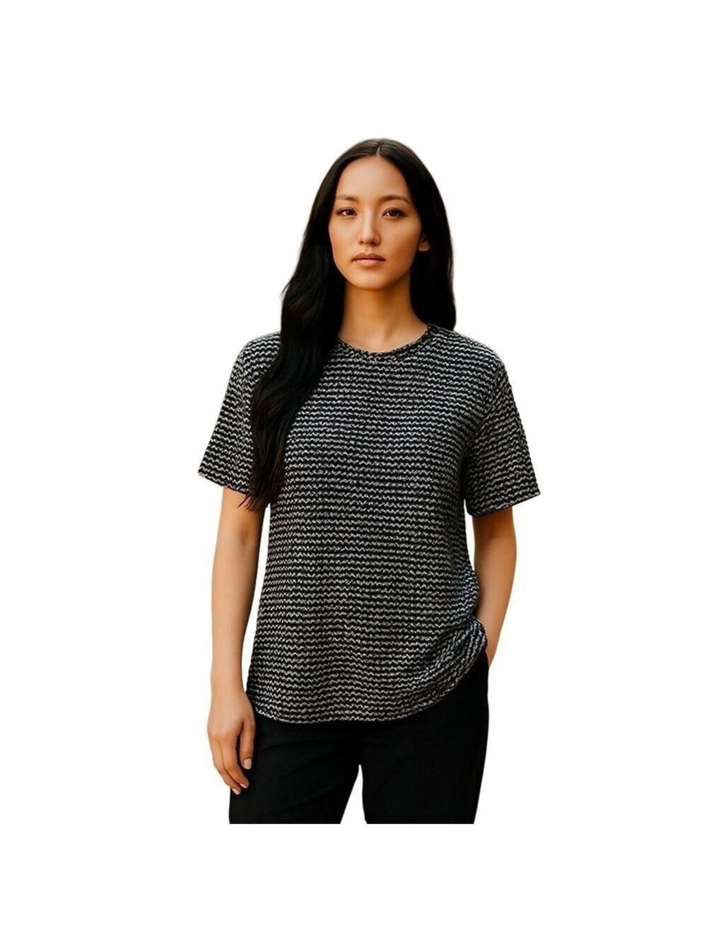 Liz Claiborne top short sleeve scoop neck stretch tee shirt black white size XL